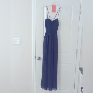 Long blue cross back strap bridesmaid dress - 4